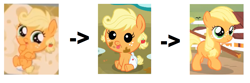 Size: 1171x387 | Tagged: safe, screencap, applejack, earth pony, pony, apple family reunion, the cutie mark chronicles, the one where pinkie pie knows, age progression, baby, baby pony, babyjack, comparison, cropped, filly, foal, retcon