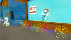 Size: 1024x575 | Tagged: safe, alternate version, artist:undeadponysoldier, derpibooru import, fluttershy, rainbow dash, pegasus, pony, series:spikebob scalepants, 3d, crossover, female, gmod, help wanted, krusty krab, mare, parody, spongebob squarepants