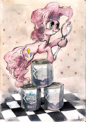 Size: 1656x2336 | Tagged: safe, artist:alexandrvirus, pinkie pie, earth pony, pony, can, condensed milk, cyrillic, russian, solo, spoon