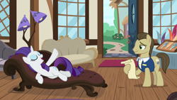 Size: 1280x720 | Tagged: safe, screencap, davenport, rarity, pony, unicorn, it isn't the mane thing about you, fainting couch, female, lamp, mare, quills and sofas, reclining, scroll