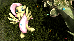 Size: 1920x1080 | Tagged: safe, artist:essman009, fluttershy, butterfly, pegasus, pony, 3d, covering, cute, grass, scrunchy face, shadow, shy, shyabetes, solo, source filmmaker, spread wings, tail covering