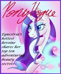 Size: 648x792 | Tagged: safe, artist:puddingskinmcgee, rarity, pony, unicorn, alternate hairstyle, bedroom eyes, female, magazine cover, smiling, solo, text