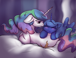 Size: 1600x1213 | Tagged: safe, artist:penny-wren, princess celestia, princess luna, alicorn, pony, blushing, duo, duo female, eyes closed, female, filly, floppy ears, lying down, royal sisters, sleeping, wingless, woona, younger