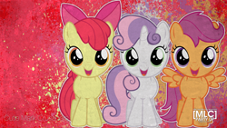 Size: 1920x1080 | Tagged: safe, artist:edwinprgtr, derpibooru import, apple bloom, scootaloo, sweetie belle, cutie mark crusaders, looking at you, paint splatter, vector, wallpaper