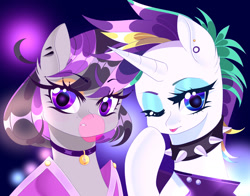 Size: 1400x1100 | Tagged: safe, artist:clefficia, octavia melody, rarity, earth pony, pony, unicorn, alternate hairstyle, bubblegum, choker, collar, female, food, gum, looking at you, mare, one eye closed, punk, raripunk, rocktavia, short mane, spiked choker, spiked collar, tongue out