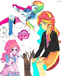 Size: 1000x1200 | Tagged: safe, artist:nerumamoru, pinkie pie, rainbow dash, sunset shimmer, equestria girls, anime, football, laughter song, sports, surprised, tree