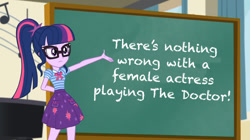 Size: 1024x575 | Tagged: safe, edit, edited screencap, screencap, sci-twi, twilight sparkle, better together, equestria girls, overpowered (equestria girls), doctor who, drama, geode of telekinesis, jodie whittaker, mouthpiece, op has a point, op is a cuck, op is trying to start shit, sci-twi's chalkboard, thirteenth doctor, twilight sparkle's chalkboard