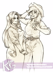 Size: 1796x2482 | Tagged: safe, artist:kgxspace, applejack, rarity, human, hat, humanized, sketch