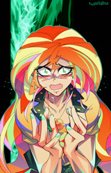 Size: 900x1407 | Tagged: safe, artist:tyuubatu, sunset shimmer, equestria girls, geode of empathy, looking at you, magical geodes, open mouth