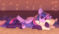 Size: 3500x1989 | Tagged: safe, artist:neonishe, twilight sparkle, twilight sparkle (alicorn), alicorn, pony, bed, clothes, cute, female, looking at you, mare, pentagram, pillow, prone, smiling, socks, solo, thigh highs, twiabetes
