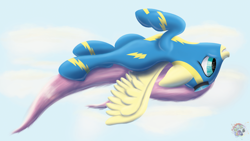 Size: 5000x2813 | Tagged: safe, artist:sloppyhooves, fluttershy, pegasus, pony, clothes, flying, goggles, solo, upside down, wonderbolts uniform, wondershy