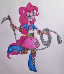 Size: 2135x2462 | Tagged: safe, artist:bozzerkazooers, pinkie pie, equestria girls, boots, clothes, kusarigama, ponied up, skirt, solo, traditional art, weapon