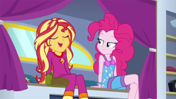 Size: 960x540 | Tagged: safe, artist:thedarkpony, edit, edited screencap, screencap, pinkie pie, sunset shimmer, better together, equestria girls, sunset's backstage pass!, clothes, fart, fart cloud, fart edit, female, pajamas, sitting