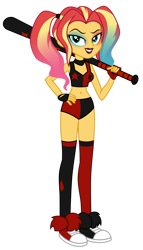Size: 1024x1784 | Tagged: safe, artist:emeraldblast63, sunset shimmer, equestria girls, baseball bat, belly button, clothes, converse, cosplay, costume, crossover, dc comics, female, harley quinn, harley quinn (2019), pigtails, shoes, sleeveless, twintails