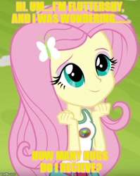 Size: 492x619 | Tagged: safe, edit, edited screencap, screencap, fluttershy, equestria girls, legend of everfree, bait, bronybait, caption, cute, image macro, meme, shyabetes, solo, yellow text