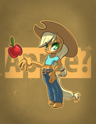 Size: 1060x1376 | Tagged: safe, artist:azzy-cola, applejack, anthro, apple, belly button, clothes, midriff, pants, shirt, short shirt, solo, younger