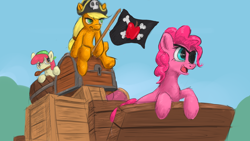 Size: 1920x1080 | Tagged: safe, artist:adidea, apple bloom, applejack, pinkie pie, earth pony, pony, pinkie apple pie, apples to the core, eyepatch, flag, hat, pirate, pirate hat, wagon