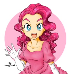 Size: 1024x1072 | Tagged: safe, artist:nancysauria, pinkie pie, human, clothes, dress, evening gloves, female, gloves, humanized, looking at you, open mouth, signature, smiling, solo, waving