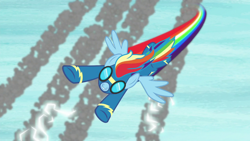 Size: 1280x720 | Tagged: safe, derpibooru import, screencap, rainbow dash, pegasus, pony, clothes, female, flying, goggles, mare, sky, solo, theme song, uniform, wonderbolts, wonderbolts uniform