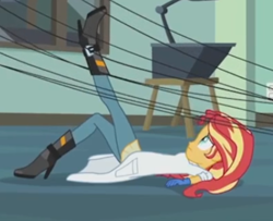 Size: 424x344 | Tagged: safe, screencap, sunset shimmer, equestria girls, the science of magic, cropped, female, legs, solo, tangled up