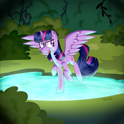 Size: 2000x2000 | Tagged: safe, artist:notenoughapples, derpibooru import, twilight sparkle, twilight sparkle (alicorn), alicorn, pony, female, lake, mare, solo, spread wings, tongue out, water