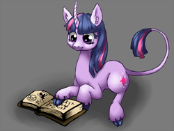 Size: 1024x768 | Tagged: safe, artist:luckyorigamistars, derpibooru import, twilight sparkle, unicorn twilight, classical unicorn, pony, unicorn, book, cloven hooves, ear fluff, female, leonine tail, mare, prone, solo, unshorn fetlocks