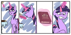 Size: 3000x1500 | Tagged: safe, artist:doggonepony, derpibooru import, twilight sparkle, twilight sparkle (alicorn), alicorn, pony, blowing, book, comic, deviantart, dust, female, mare, responsibility, solo, twilight's lost book