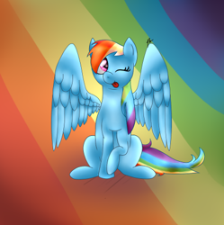 Size: 442x444 | Tagged: safe, artist:xxneoneveningxx, derpibooru import, rainbow dash, pegasus, pony, cute, dashabetes, female, mare, one eye closed, raised hoof, simple background, sitting, solo, spread wings, tongue out, wings