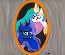 Size: 2400x2051 | Tagged: safe, artist:thesubtle, princess celestia, princess luna, alicorn, pony, crossover, digital art, duo, female, portal, royalty, sisters, two best sisters play, video game