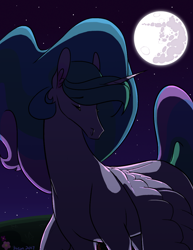 Size: 850x1100 | Tagged: safe, artist:bacon-doodles, princess celestia, alicorn, pony, eyes closed, mare in the moon, moon, night, sad, solo