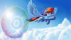 Size: 4622x2600 | Tagged: safe, artist:asloric, derpibooru import, rainbow dash, pegasus, pony, cloud, cool, cute, dashabetes, female, happy, lens flare, mare, rainbow trail, smiling, solo, sonic rainboom, spread wings, sun, wings