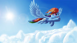 Size: 4622x2600 | Tagged: safe, alternate version, artist:asloric, derpibooru import, rainbow dash, pegasus, pony, cloud, cute, dashabetes, female, happy, lens flare, mare, smiling, solo, spread wings, sun, wings