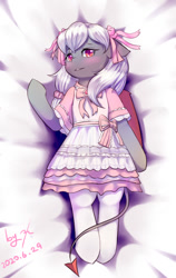 Size: 648x1024 | Tagged: safe, artist:ninebuttom, oc, oc:灰喵喵, bat pony, bow, clothes, devil tail, dress, hair bow, lolita fashion, stockings, thigh highs