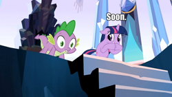 Size: 960x540 | Tagged: safe, derpibooru import, edit, edited screencap, screencap, spike, twilight sparkle, dragon, the crystal empire, crystal empire, duo, hooves together, image macro, meme, soon, throne