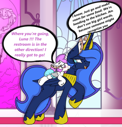 Size: 2000x2082 | Tagged: safe, artist:cuddlelamb, princess celestia, princess luna, alicorn, pony, age regression, blushing, cewestia, dialogue, diaper, female, filly, pink-mane celestia, ponies riding ponies, poofy diaper, younger