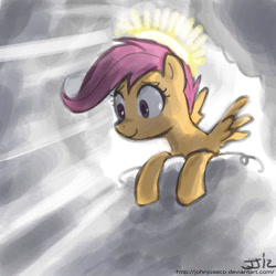 Size: 800x800 | Tagged: safe, artist:johnjoseco, scootaloo, cloud, cloudy, halo, solo