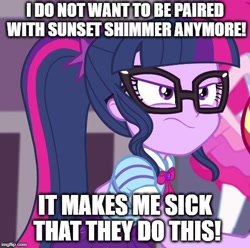 Size: 504x500 | Tagged: safe, edit, edited screencap, screencap, sci-twi, twilight sparkle, better together, equestria girls, forgotten friendship, angry, cropped, implied lesbian, implied scitwishimmer, implied shipping, implied sunset shimmer, meme, mouthpiece, no fun allowed, op is a cuck, op is trying to start shit