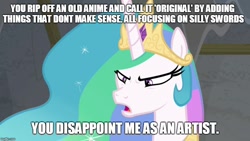 Size: 888x500 | Tagged: safe, edit, edited screencap, screencap, princess celestia, alicorn, pony, cartoon network, mighty magiswords, mouthpiece, obligatory pony, solo, unamused