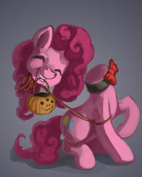 Size: 800x1000 | Tagged: safe, artist:lexx2dot0, pinkie pie, earth pony, pony, bag, balloon head, balloon pony, bowtie, disembodied head, eyes closed, gradient background, grin, halloween, headless, modular, nightmare night, pumpkin bucket, smiling, solo