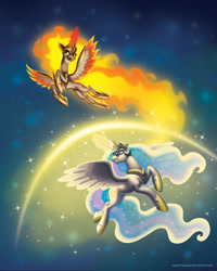 Size: 840x1050 | Tagged: safe, artist:sapphiregamgee, daybreaker, princess celestia, alicorn, pony, a royal problem, barrier, female, fight, flying, glare, glowing eyes, glowing horn, gritted teeth, magic, mare, open mouth, smiling, sparkles, spread wings, wings