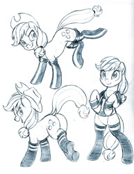 Size: 662x858 | Tagged: safe, artist:brianblackberry, applejack, earth pony, pony, bipedal, clothes, dock, fireproof boots, jersey, looking back, monochrome, open mouth, plot, sketch, smiling, socks, solo, traditional art, underhoof