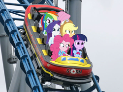 Size: 640x480 | Tagged: safe, derpibooru exclusive, derpibooru import, applejack, fluttershy, pinkie pie, rainbow dash, rarity, twilight sparkle, equestria girls, australia, gold coast, humane five, humane six, roller coaster, sea world, storm