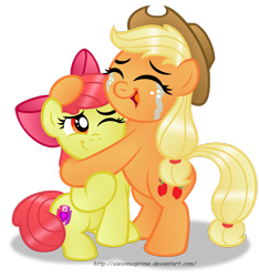 Size: 1024x1092 | Tagged: safe, artist:aleximusprime, apple bloom, applejack, earth pony, pony, crusaders of the lost mark, bipedal, crying, crying on the outside, cutie mark, eyes closed, feels, female, filly, happy, heartwarming, hug, liquid pride, simple background, sitting, tears of joy, the cmc's cutie marks, transparent background