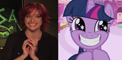 Size: 574x284 | Tagged: safe, derpibooru import, edit, edited screencap, screencap, twilight sparkle, human, pony, lesson zero, comparison, cropped, female, lauren faust, mare, medusa (film), starry eyes, twilight snapple, wingding eyes, woman