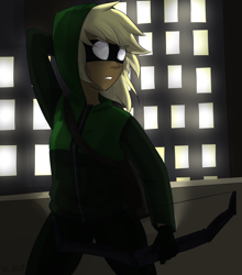 Size: 2200x2500 | Tagged: safe, artist:silbersternenlicht, applejack, human, archer, arrow, arrowverse, bow (weapon), bow and arrow, clothes, crossover, dc comics, gloves, green arrow, hoodie, humanized, looking back, mask, pants, quiver, solo, the arrow