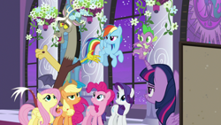 Size: 1920x1080 | Tagged: safe, derpibooru import, screencap, applejack, discord, fluttershy, pinkie pie, rainbow dash, rarity, spike, twilight sparkle, twilight sparkle (alicorn), alicorn, dragon, earth pony, pegasus, pony, unicorn, the summer sun setback, mane six, winged spike