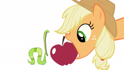Size: 2732x1536 | Tagged: safe, artist:andy18, applejack, caterpillar, earth pony, insect, pony, apple, eyes closed, female, mare, mouth hold, open mouth, simple background, transparent background