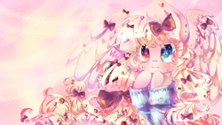 Size: 1920x1080 | Tagged: safe, artist:dream--chan, derpibooru import, oc, oc only, oc:dream whisper, pegasus, pony, :3, bow, candy, clothes, cute, female, food, hair bow, heterochromia, mare, ocbetes, solo, starry eyes, wallpaper, wingding eyes