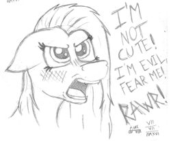 Size: 1228x1017 | Tagged: safe, artist:mane-shaker, pinkie pie, earth pony, pony, angry, blatant lies, blushing, cute, cuteamena, embarrassed, fangs, floppy ears, glare, i'm not cute, monochrome, open mouth, pinkamena diane pie, rawr, sharp teeth, solo, traditional art