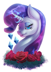 Size: 571x800 | Tagged: safe, artist:rugissang, rarity, pony, unicorn, bust, female, flower, glowing horn, lidded eyes, looking at you, magic, mare, rose, simple background, white background